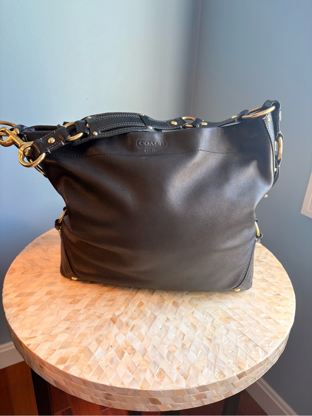 Coach Black Leather Hobo Shoulder Bag with Gold Hardware